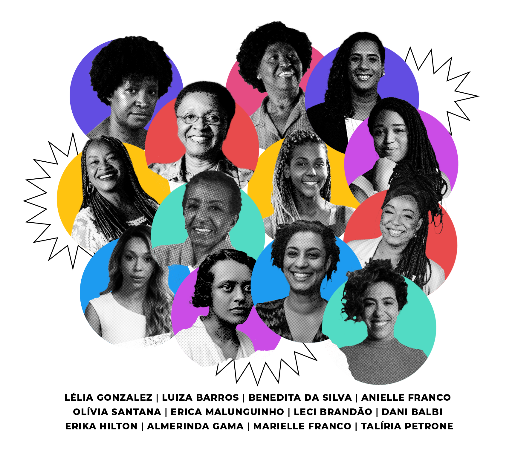 Lélia Gonzalez | Luiza Barros | Benedita da Silva | Anielle Franco | Olívia Santana | Erica Malunguinho | Leci Brandão | Dani Balbi | Erika Hilton | Almerinda Gama | Marielle Franco | Talíria Petrone